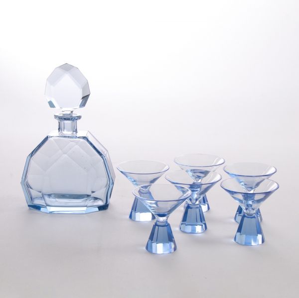 Czech Art Deco Blue Cut Crystal Cocktail Set c.1930